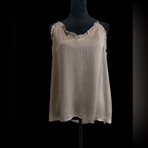 Tops - Tan Ruffle Trim Satin Camisole (with adjustable straps)‎
